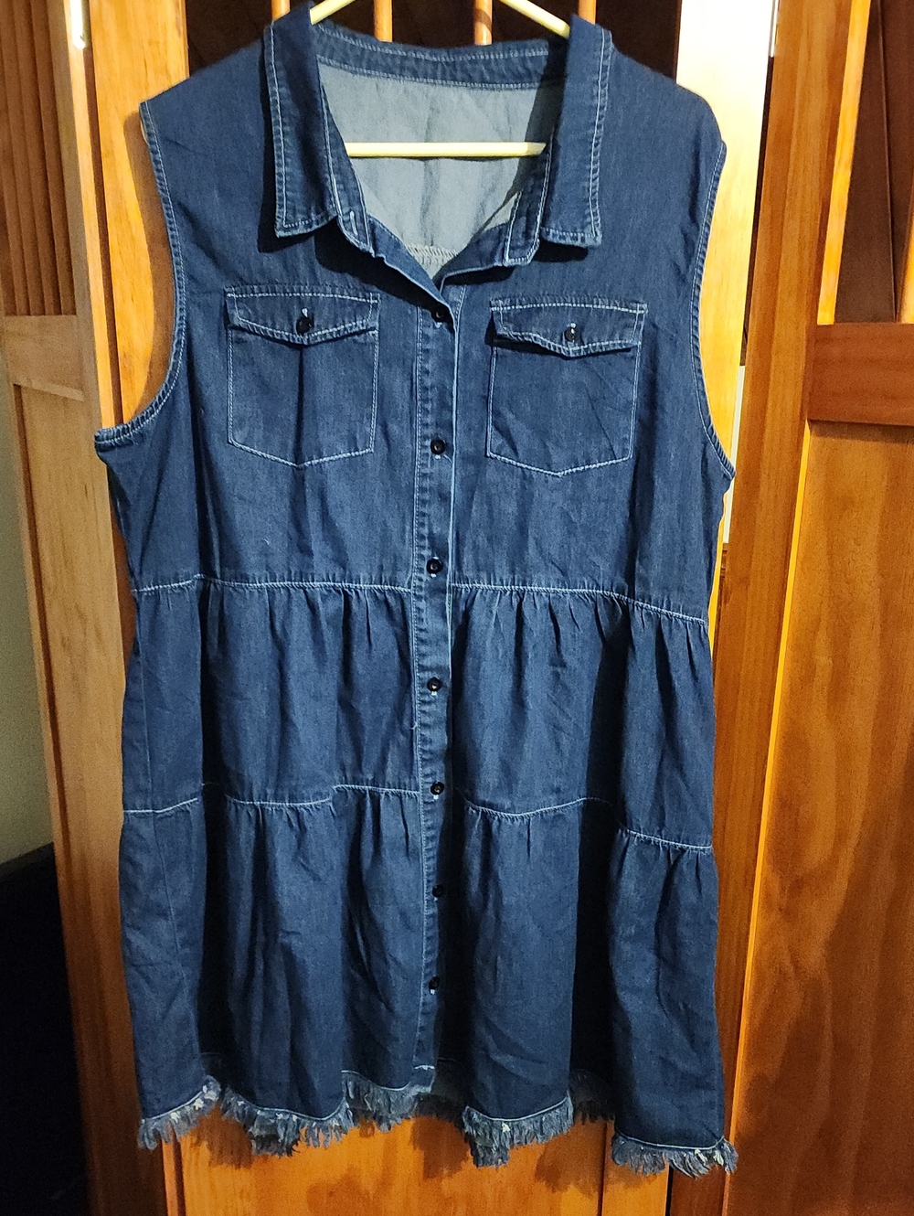 Sleeveless Indigo Denim Tiered Button Dress